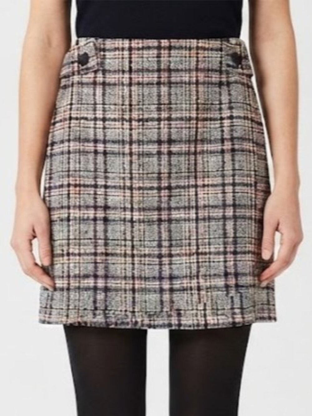 Plaid Tweed Mini Skirt with Button Accents